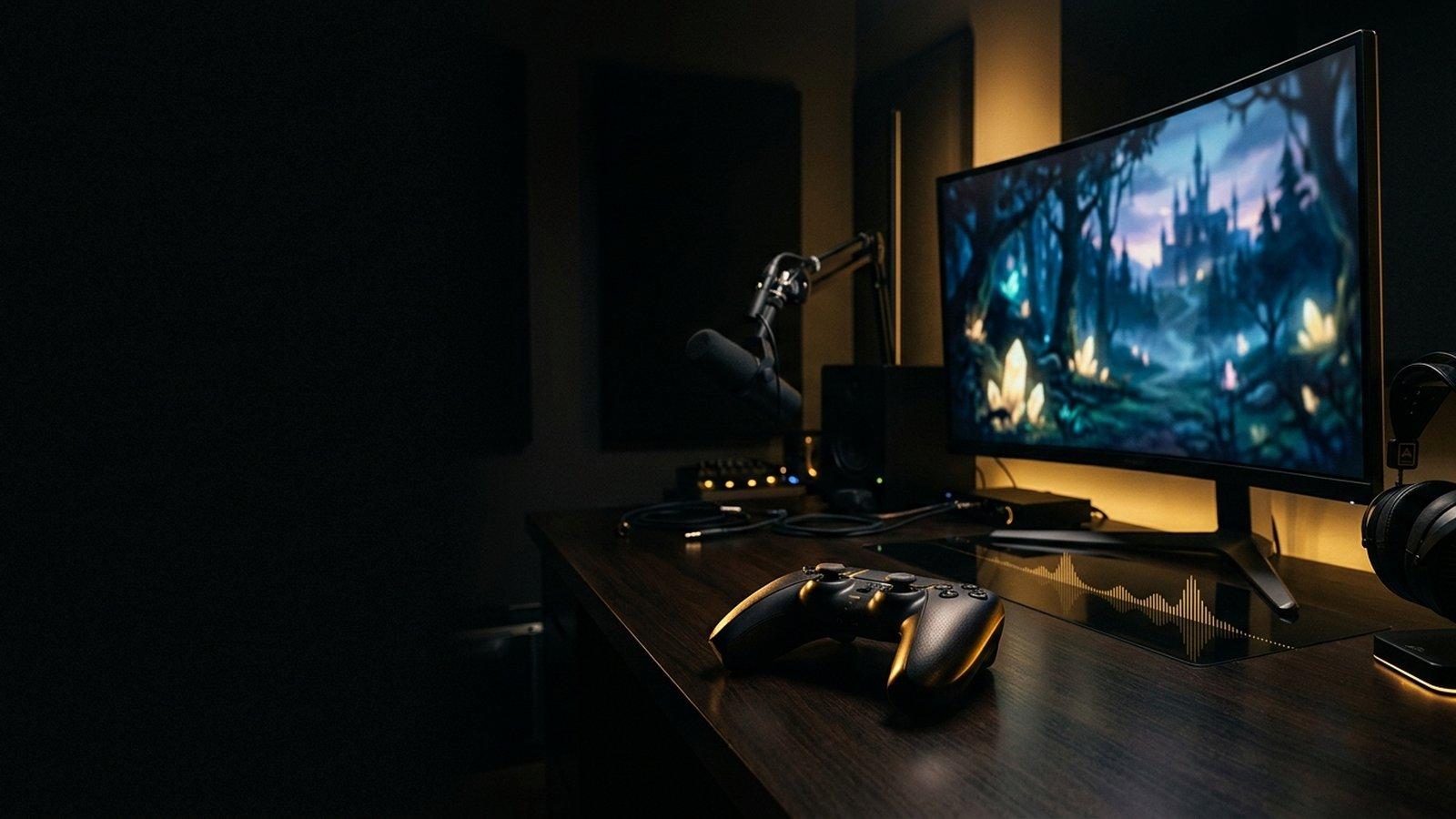 A game controller and glowing monitor in a dark studio — scoring a video game with licensed music
