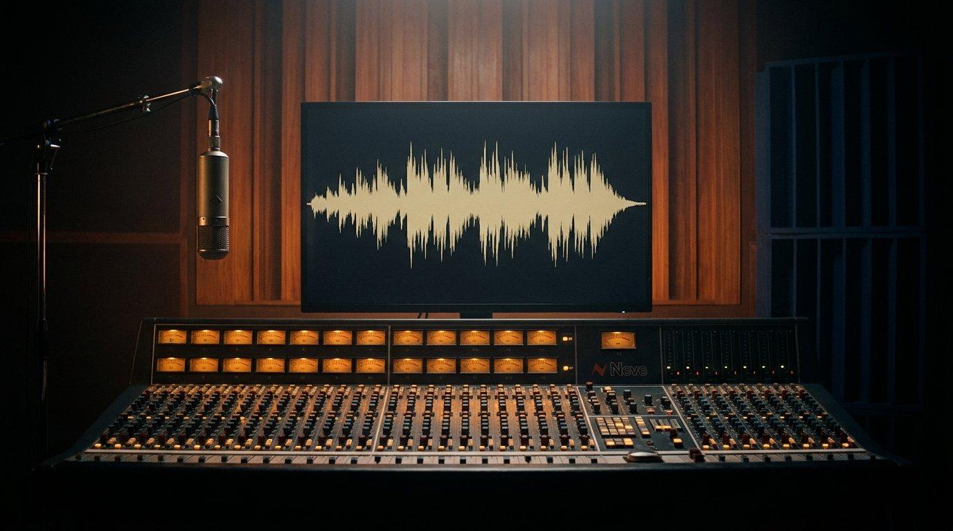 Mischpult in einem Tonstudio, auf dem Bildschirm eine Audio-Wellenform